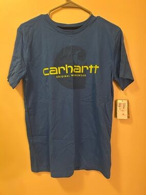 Carhartt Short-Sleeve Logo Tee in Sky Blue with Neon Yellow Print
